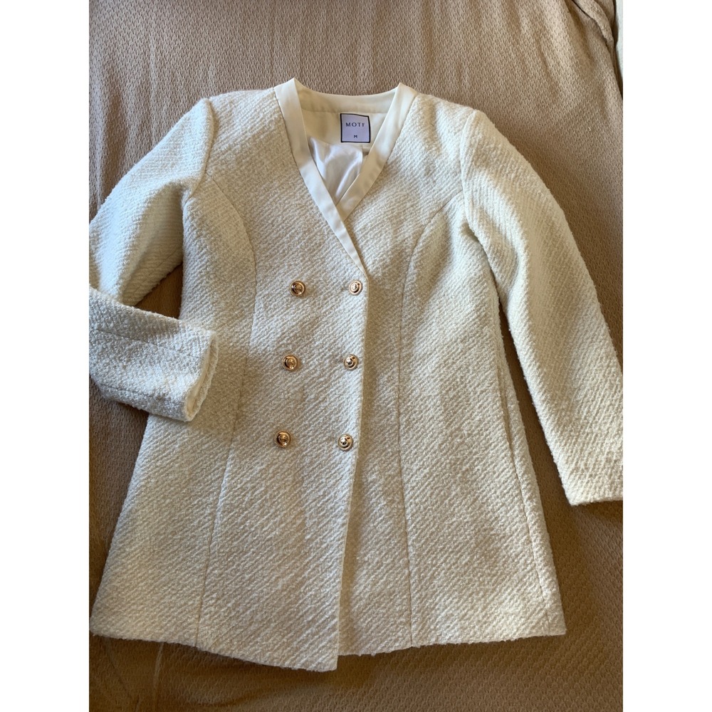 MOTF Premium White Tweed Double Breasted Coat Gold Button Blazer Jacket Medium